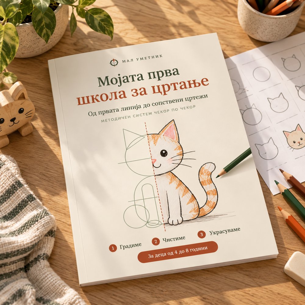 Книгата „Мојата прва школа за цртање“ на маса, со моливи и работен лист